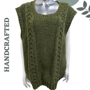 Hand Knit Olive Green Sleeveless Sweater Vest | Cozy Chunky Oversized